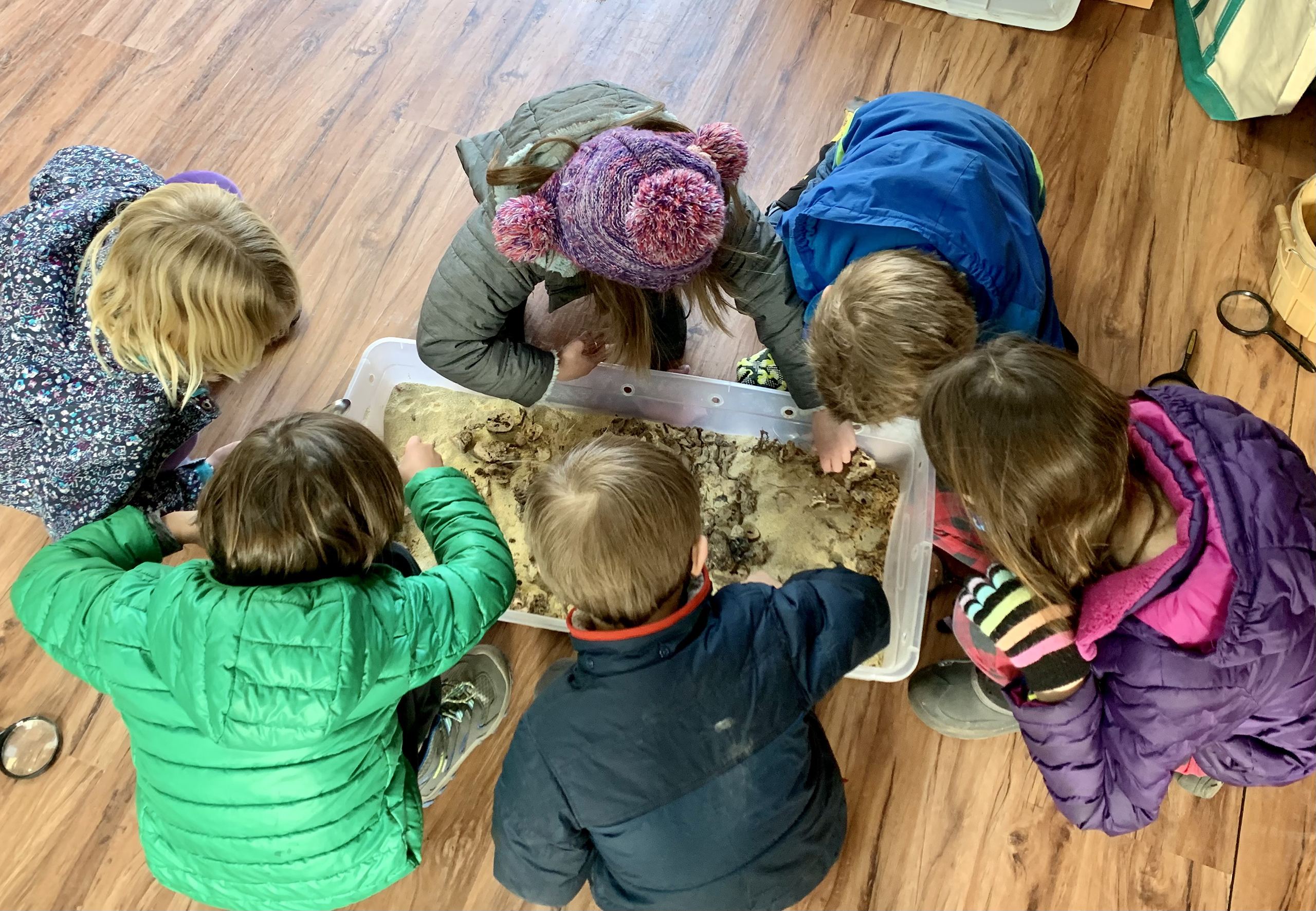 Children explore a sensory bin. 